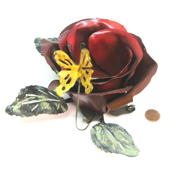 Metal 5" Red Rose Flower CANDLE HOLDER Votive Tealight Decor Brass Butterfly NWT - Picture 5 of 6